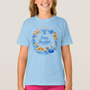 ハッピー ハヌカ フラワー リース Tシャツ