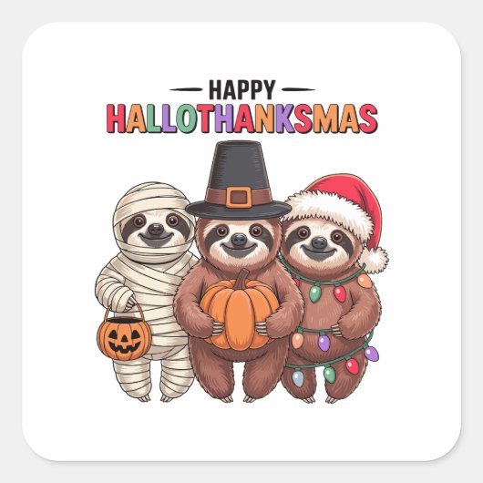 ハッピー ハロウィンサンクスマス ナマケモノ ミイラ クリスマス サンタ スクエアシール (正面)
