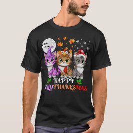 ハッピー ハロウィンサンクスマス ネコ Tシャツ