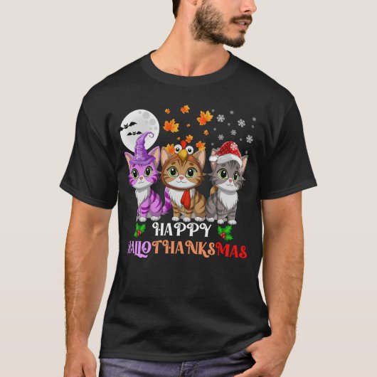 ハッピー ハロウィンサンクスマス ネコ Tシャツ (正面)