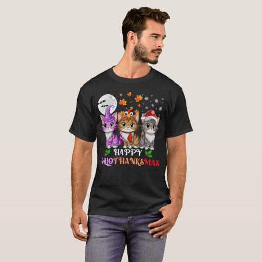 ハッピー ハロウィンサンクスマス ネコ Tシャツ (正面フル)