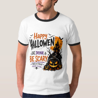 ハッピー・ハロウィン おいしく飲んで怖がらせて リンガーTシャツ Tシャツ