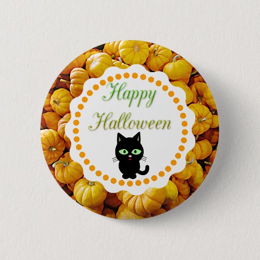 ハッピー ハロウィン かぼちゃ 黒猫 ボタン 缶バッジ (正面)