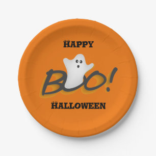 ハッピー ハロウィン かわいい お化け 文字 BOO! オレンジ ペーパープレート