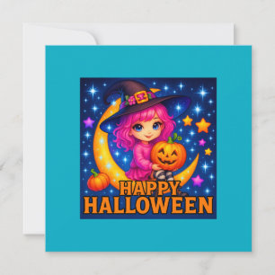 ハッピー ハロウィン かわいい 月の魔女 グリーティングカード