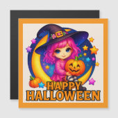 ハッピー ハロウィン かわいい 月 魔女 マグネット カード (正面/裏面)