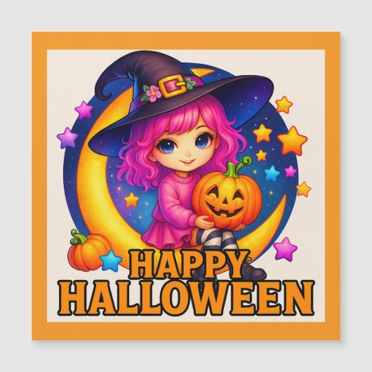ハッピー ハロウィン かわいい 月 魔女 マグネット カード (正面)