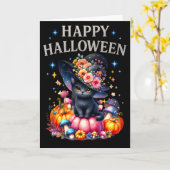 ハッピー ハロウィン かわいい 猫 グリーティング カード (黄色い花)