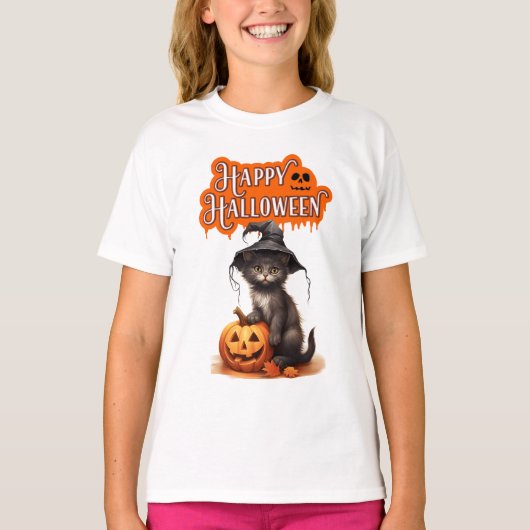 ハッピー・ハロウィン・キャットTシャツ - かわいい黒猫デザイン Tシャツ (正面)