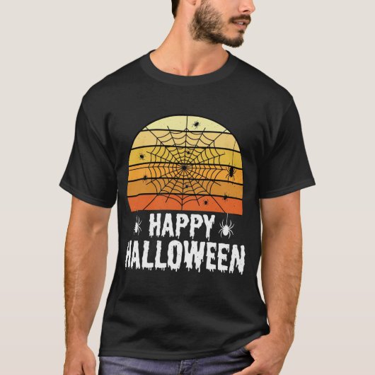ハッピー ハロウィン クモの巣 夕焼けデザイン Tシャツ (正面)