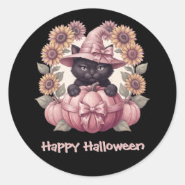 ハッピー・ハロウィン コケット ブラックキャット & ピンクパンプキン ラウンドシール