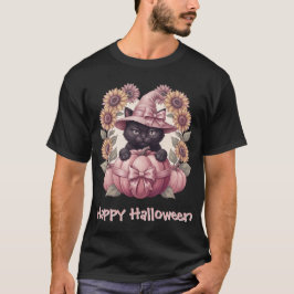 ハッピー・ハロウィン コケット ブラックキャット & ピンクパンプキン Tシャツ