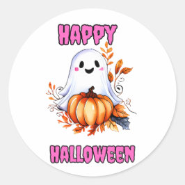 ハッピー ハロウィン ゴースト - ピンク ラウンドシール