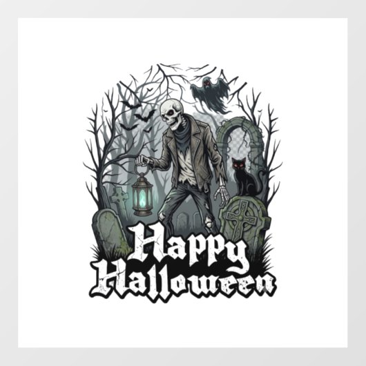 ハッピー ハロウィン スケルトン ランタン 黒猫 墓地 ウィンドウサイン (シート)