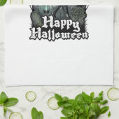 ハッピー ハロウィン スケルトン ランタン 黒猫 墓地 キッチンタオル (折り畳み)