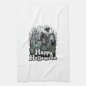 ハッピー ハロウィン スケルトン ランタン 黒猫 墓地 キッチンタオル (縦)