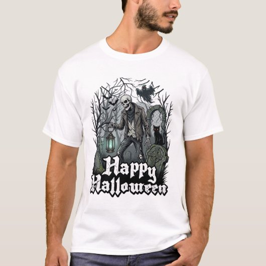 ハッピー ハロウィン スケルトン ランタン 黒猫 墓地 Tシャツ (正面)