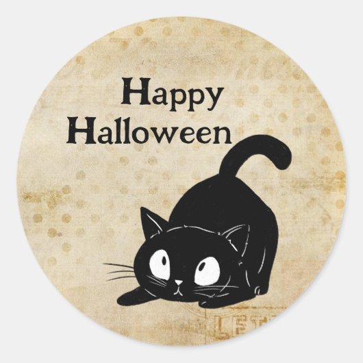 ハッピー ハロウィン スプーキー ビンテージ 黒猫 ラウンドシール (正面)