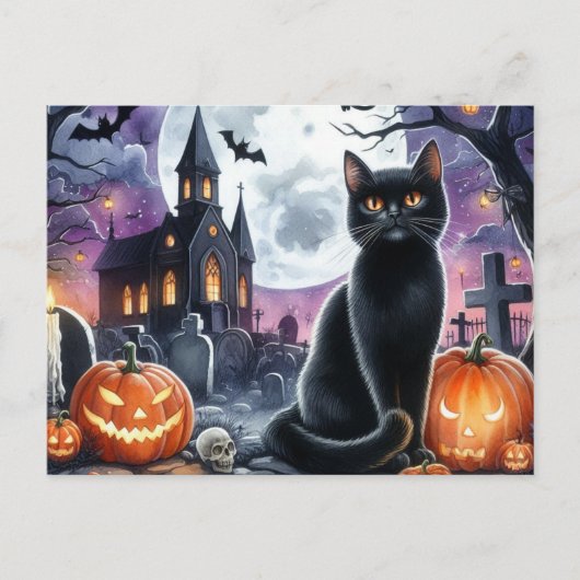 ハッピー ハロウィン スプーキー ブラック キャット ポストカード (正面)