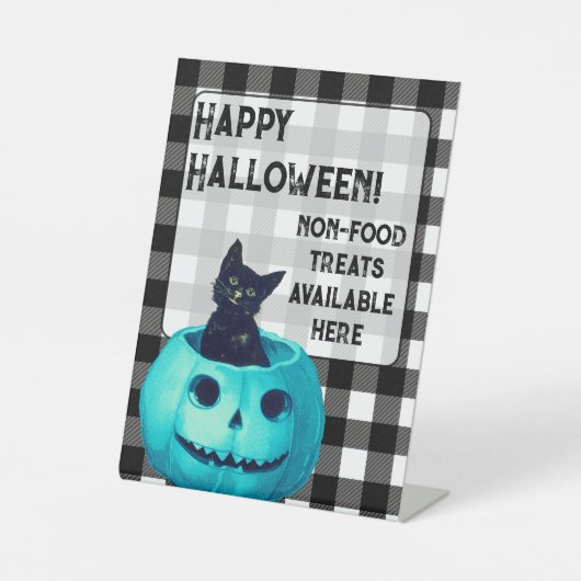 ハッピー ハロウィン ティール パンプキン チェック 台座サイン (正面)