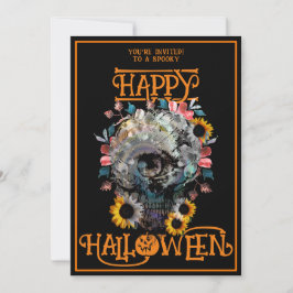 ハッピー ハロウィン ドクロ 花柄 パーティ ブラック オレンジ 招待状