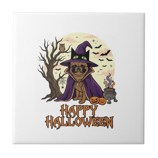 ハッピー ハロウィン パグ 魔女の帽子 大鍋 かぼちゃ_1 タイル (正面)