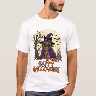 ハッピー ハロウィン パグ 魔女の帽子 大鍋 パンプキン_1 Tシャツ
