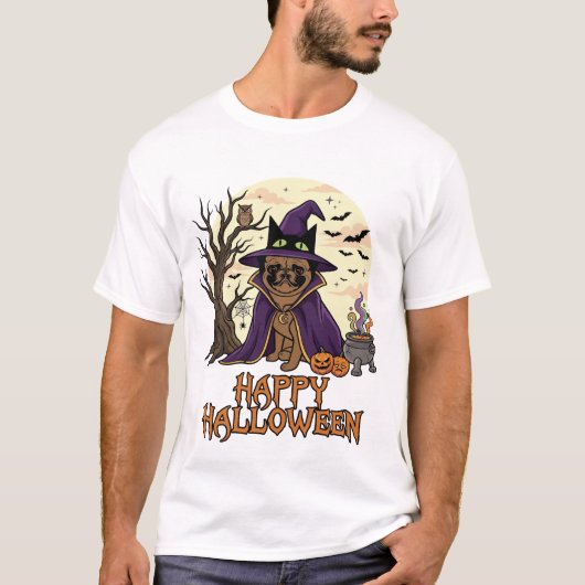 ハッピー ハロウィン パグ 魔女の帽子 大鍋 パンプキン_1 Tシャツ (正面)