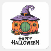 ハッピー ハロウィン パンプキン コテージ & 魔女の帽子の屋根 スクエアシール (正面)