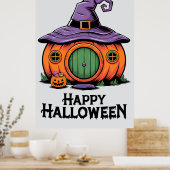 ハッピー ハロウィン パンプキン コテージ & 魔女の帽子の屋根 ポスター (キッチン)