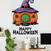 ハッピー ハロウィン パンプキン コテージ & 魔女の帽子の屋根 ポスター (ホームオフィス)