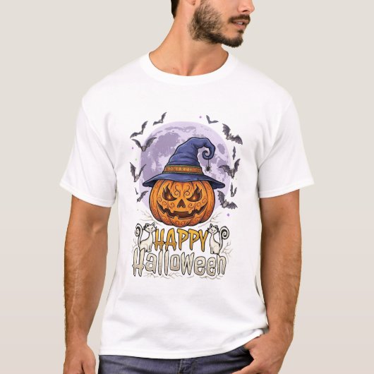 ハッピー ハロウィン パンプキン 魔女 帽子 コウモリ 満月_1 Tシャツ (正面)
