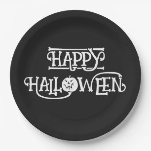 'ハッピー ハロウィン' リッチ ミッドナイト ブラック パーティー ペーパープレート