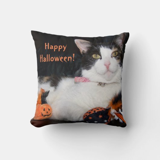 ハッピー ハロウィン 三毛猫とカボチャ クッション (正面)