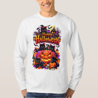 ハッピー ハロウィン - 不気味な黒猫と輝くカボチャ Tシャツ
