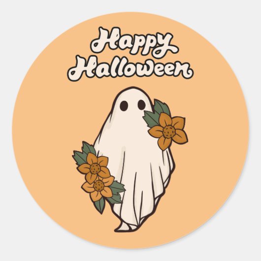 ハッピー ハロウィン 花を持つ可愛いお化け ラウンドシール (正面)