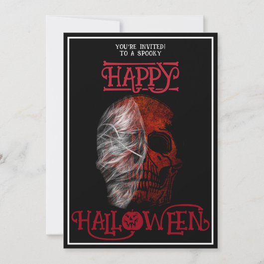 ハッピー ハロウィン 赤いドクロ 黒と白 招待状 (正面)