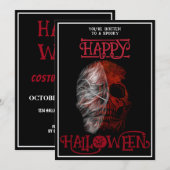 ハッピー ハロウィン 赤いドクロ 黒と白 招待状 (正面/裏面)