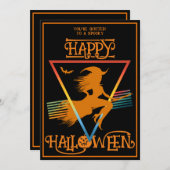 ハッピー ハロウィン 魔女 コスチューム パーティー 黒 オレンジ 招待状 (正面/裏面)