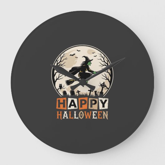 ハッピー ハロウィン 魔女 月 墓地 デザイン_1 ラージ壁時計 (正面)
