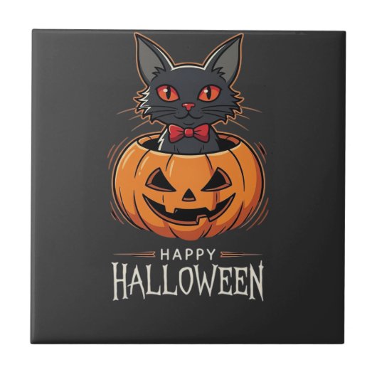 ハッピー ハロウィン 黒猫 パンプキン デザイン 1 タイル (正面)