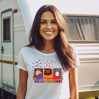 ハッピー ハロサンクスマス グリーティング カード テーマ ホリデー Tシャツ