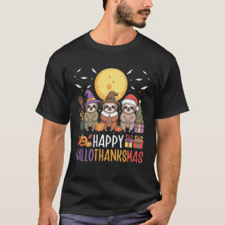 ハッピー ハロサンクスマス ナマケモノ ハロウィン クリスマス タ Tシャツ