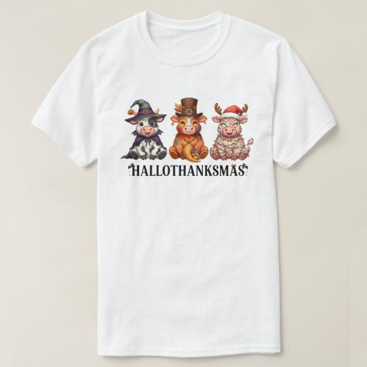 ハッピー ハロサンクスマス ハイランドカウ Tシャツ (デザイン正面)