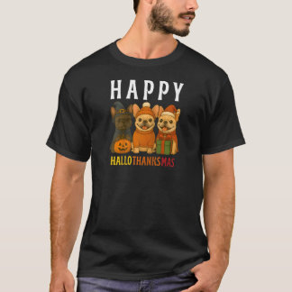 ハッピー ハロサンクスマス フレンチ フレンチブルドッグ Tシャツ