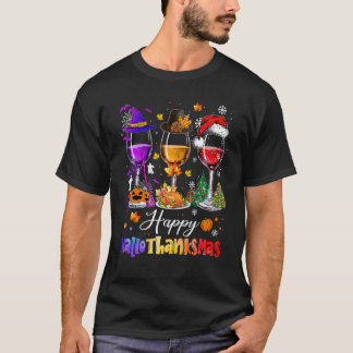 ハッピー ハロサンクスマス ワイングラス 魔法使い サンタの帽子 Tシャツ