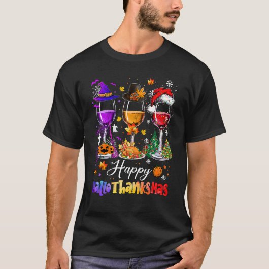 ハッピー ハロサンクスマス ワイングラス 魔法使い サンタの帽子  Tシャツ (正面)