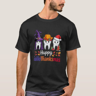 ハッピー ハロサン かわいい 歯科医 ハロウィン 感謝祭 Tシャツ