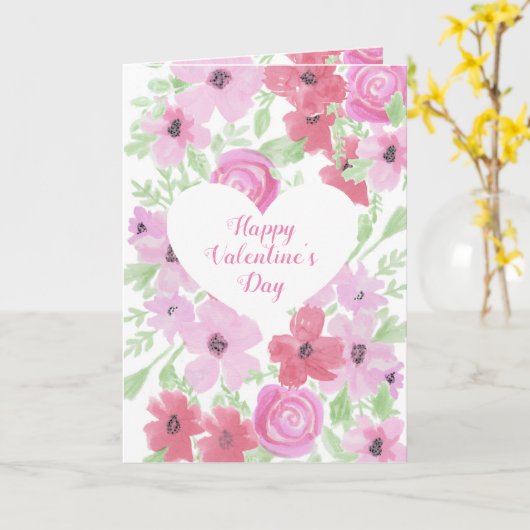 ハッピー・バレンタインデー　かわいいピンクの花 カード (黄色い花)