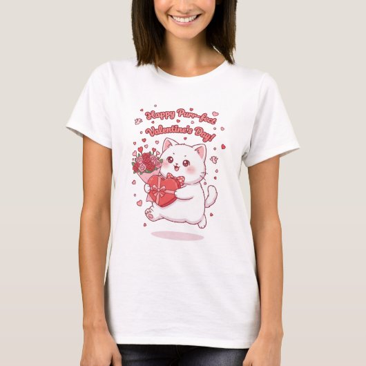 ハッピー バレンタイン カワイイ ネコ Tシャツ (正面)
